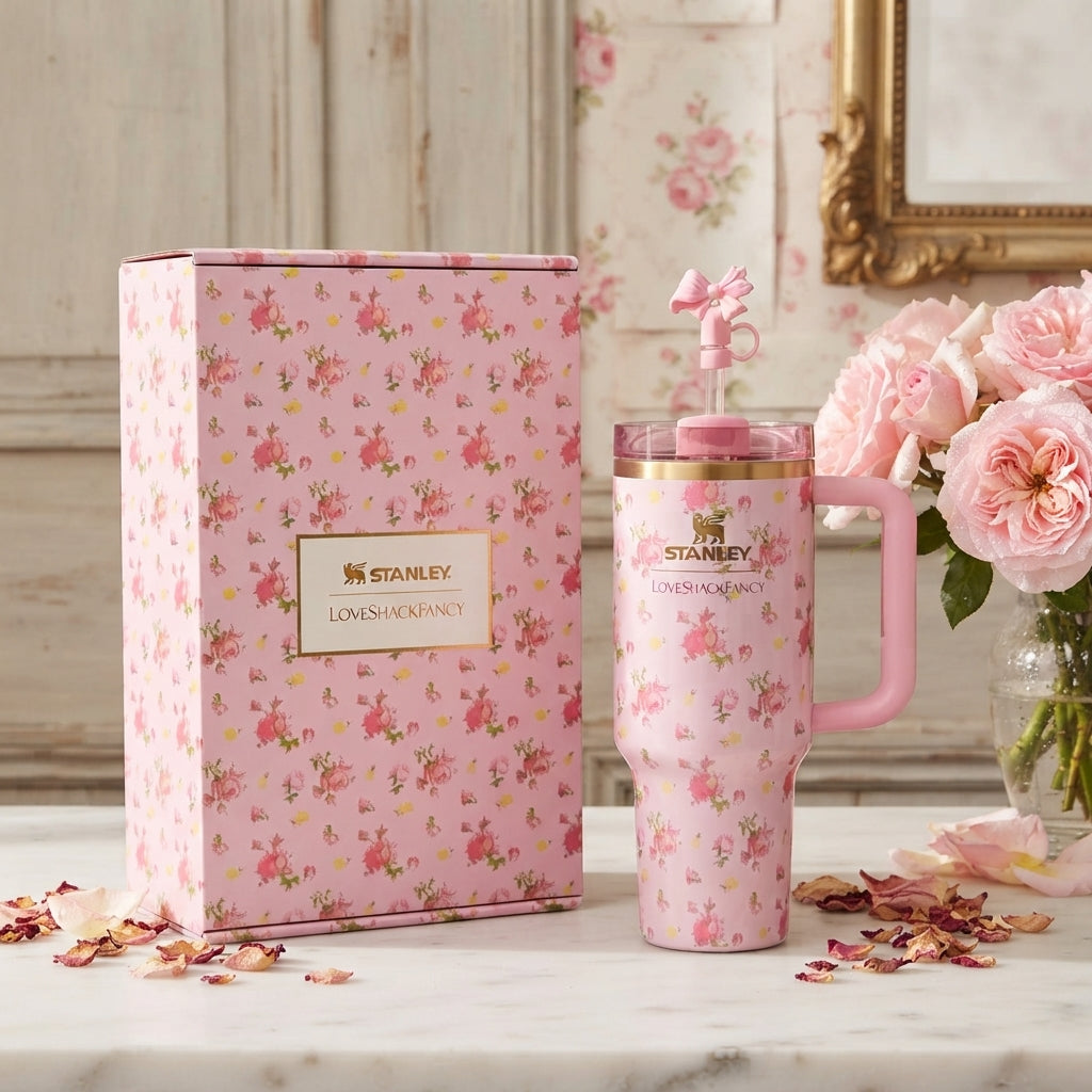 Stanley x LoveShackFancy Insulated Stainless Steel Quencher H2.0 FlowState Tumbler with Straw and Gift Box, Pink Floral Bows - Vezmora