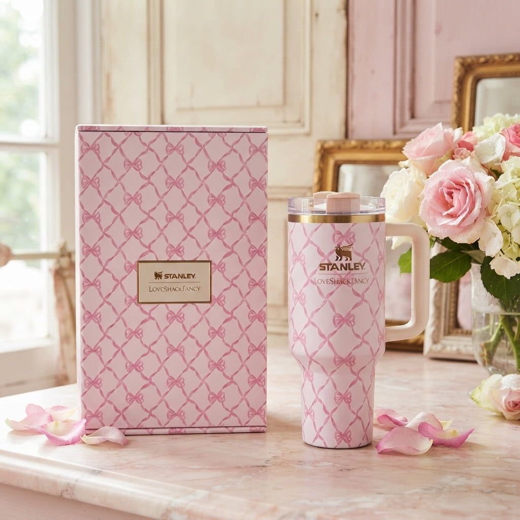 Stanley x LoveShackFancy Insulated Stainless Steel Quencher H2.0 FlowState Tumbler with Straw and Gift Box, Pink Bow Lattice - Vezmora