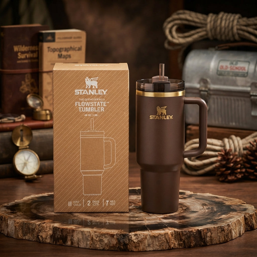 Stanley Quencher H2.0 FlowState Insulated Stainless Steel 40oz Tumbler, Matte Brown with Gold Branding - Vezmora