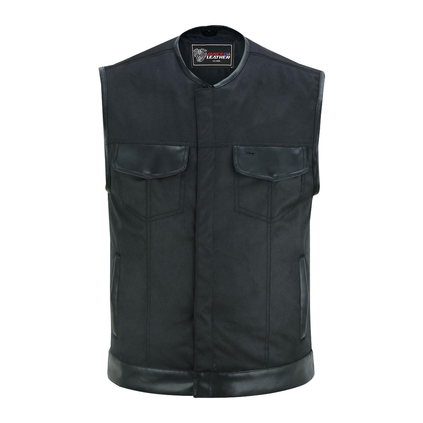 Men's Premium Black Textile Collarless Motorcycle Club Vest with Leather Trims