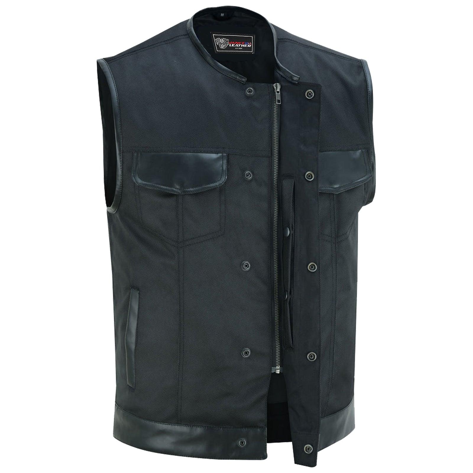 Men's Premium Black Textile Collarless Motorcycle Club Vest with Leather Trims