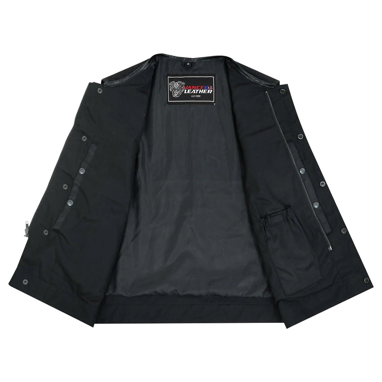 Men's Premium Black Textile Collarless Motorcycle Club Vest with Leather Trims