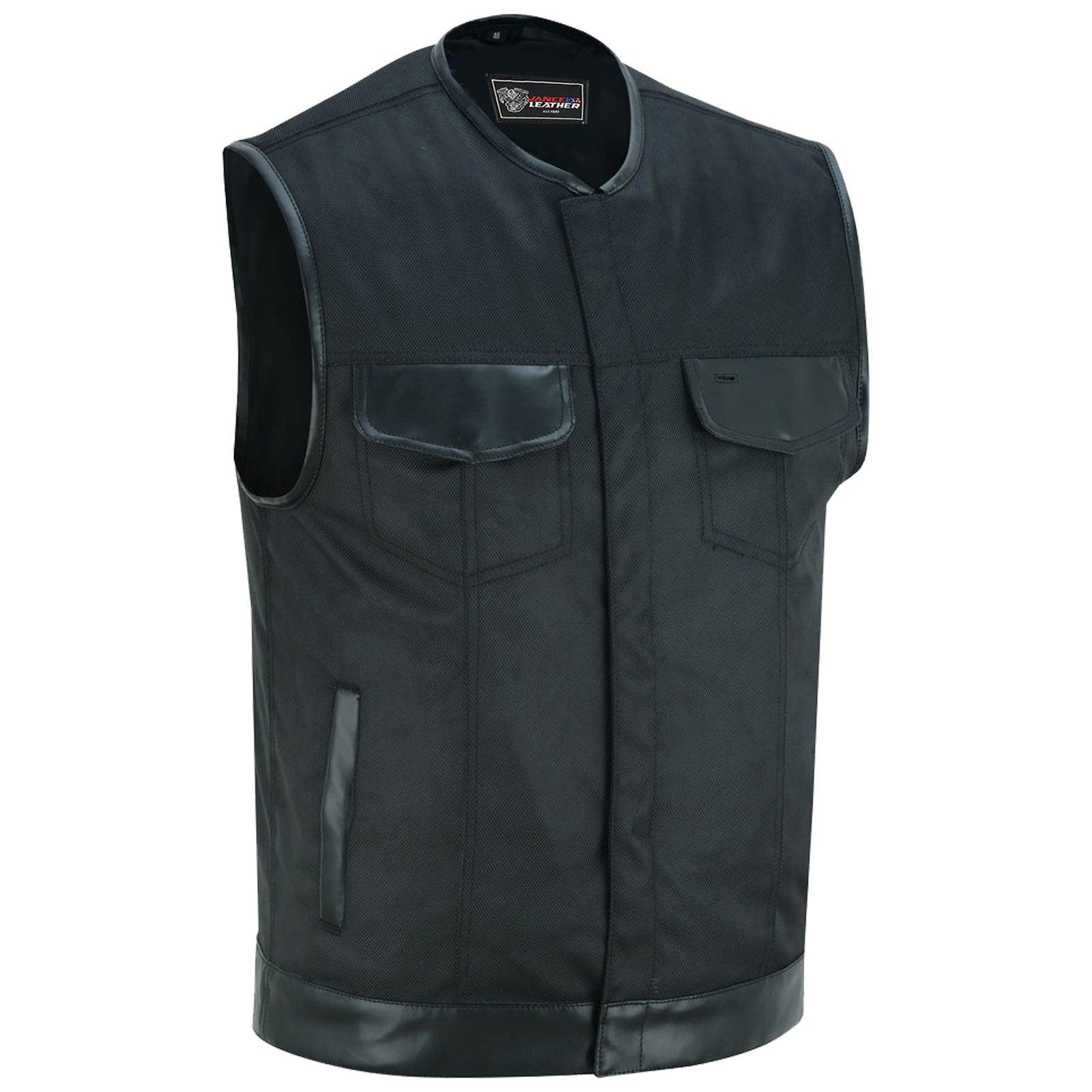 Men's Premium Black Textile Collarless Motorcycle Club Vest with Leather Trims