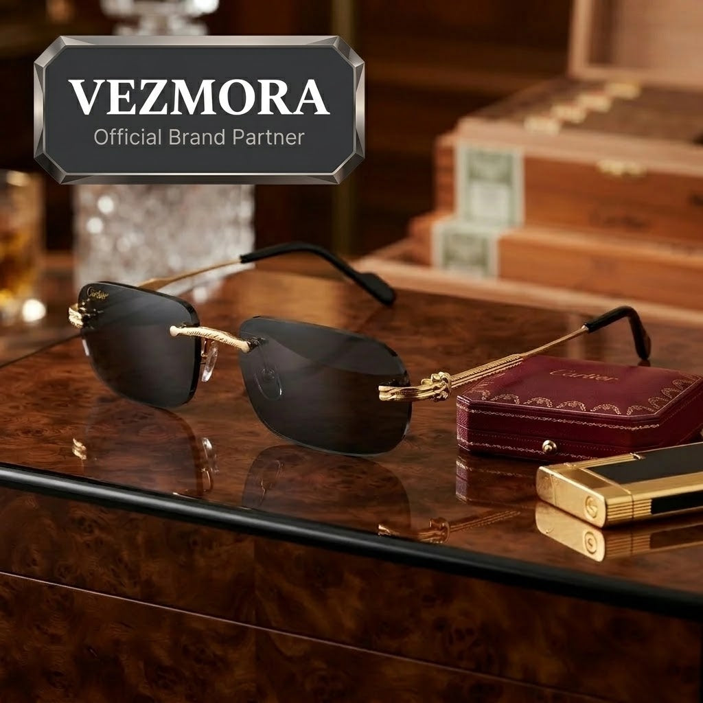 Vezmora Cartier Rimless Gold-Tone & Black Sunglasses with Presentation Case