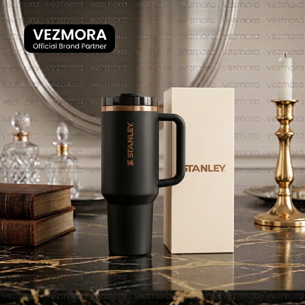 VEZmora Messi x Stanley Quencher H2.0 FlowState Insulated Stainless Steel 40oz Tumbler, Matte Black with Rose Gold Details