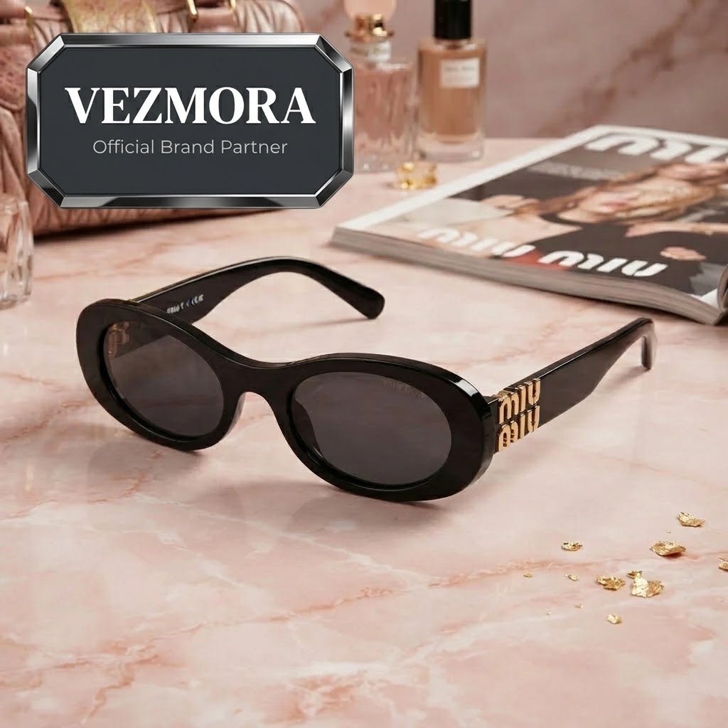 Vezmora Miu Black Oval Sunglasses with Gold Lettering Logo