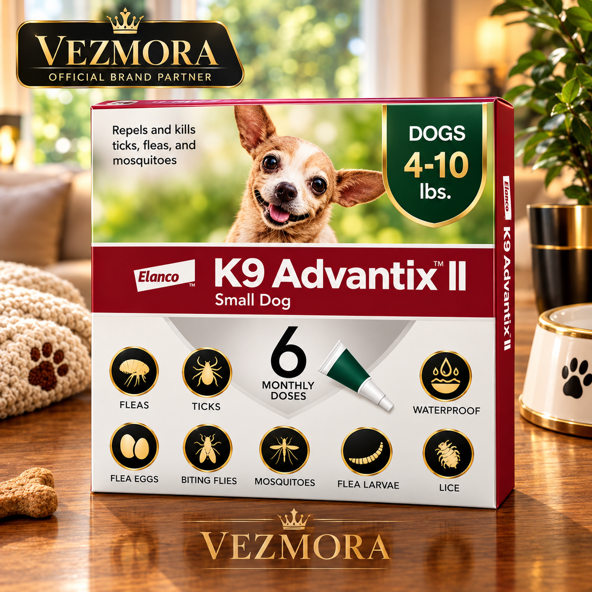 VEZmora K9 Advantix II Flea, Tick & Mosquito Treatment for Small Dogs (4-10 lbs) – 6 Doses