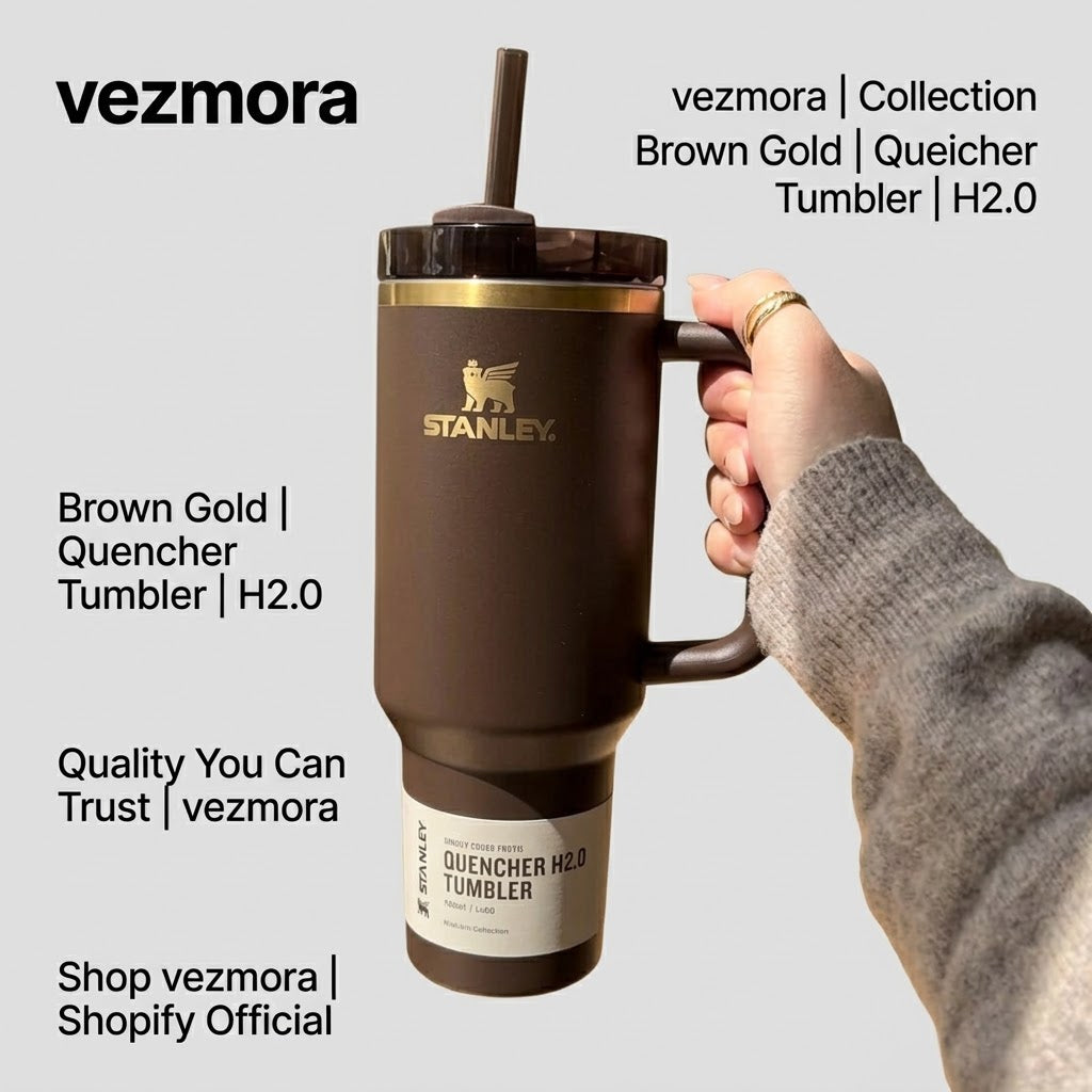 VEZmora Stanley Quencher H2.0 FlowState Insulated Stainless Steel 40oz Tumbler, Matte Brown with Gold Branding