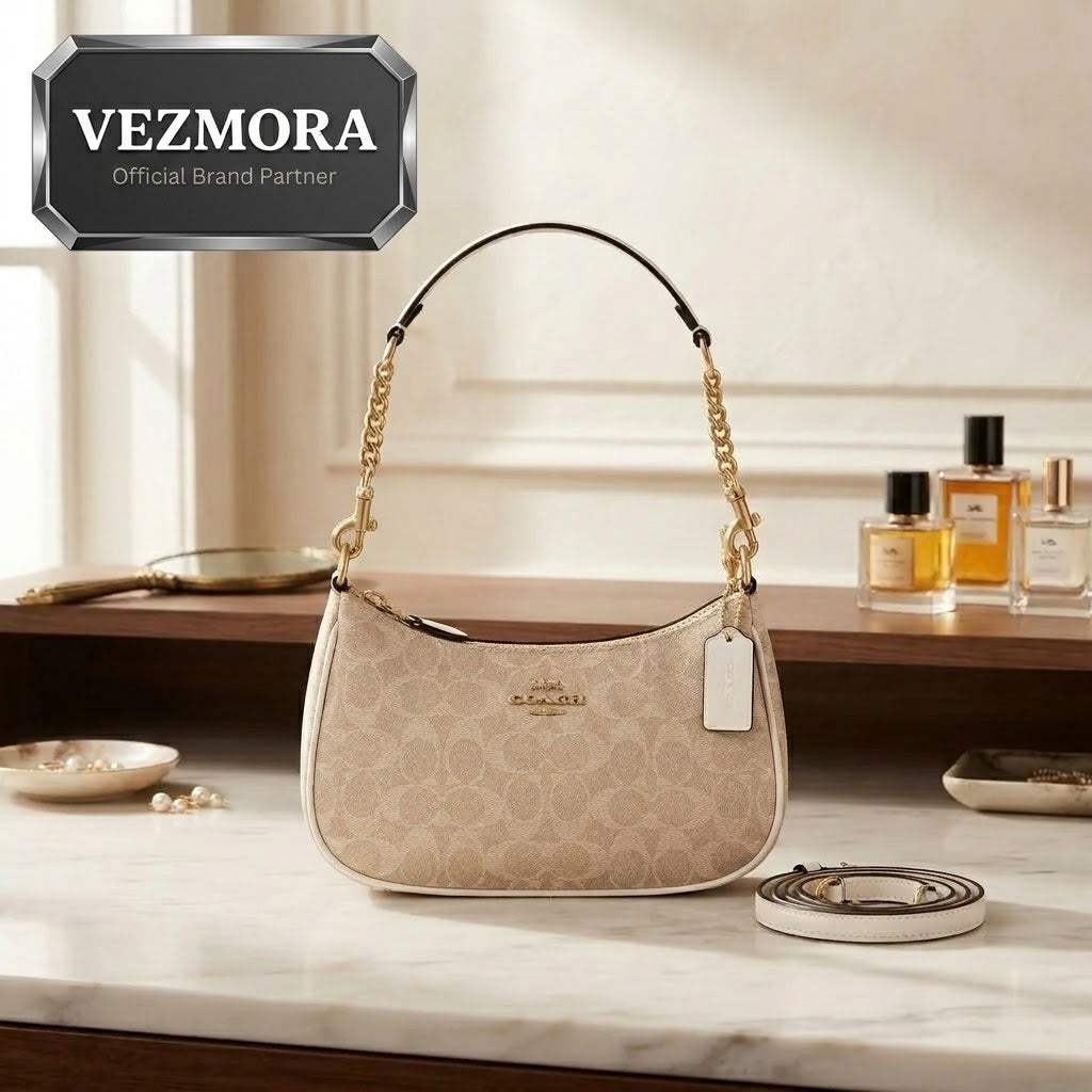 Vezmora Coach Signature Khaki Jacquard Chain Shoulder Bag