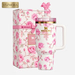 VEZmora Stanley x LoveShackFancy Insulated Stainless Steel Quencher H2.0(20 oz) FlowState Tumbler with Gift Box, White & Pink Roses