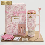 VEZmora Stanley x LoveShackFancy Insulated Stainless Steel Quencher H2.0(20oz) FlowState Tumbler with Straw and Gift Box, White & Pink Bows